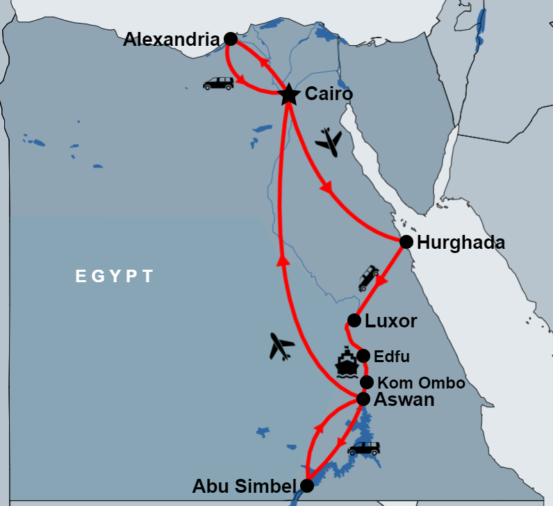 15 Day Cairo, Alexandria, Hurghada, Nile Cruise and Abu Simbel map 15 Day Cairo, Alexandria, Hurghada, Nile Cruise and Abu Simbel map